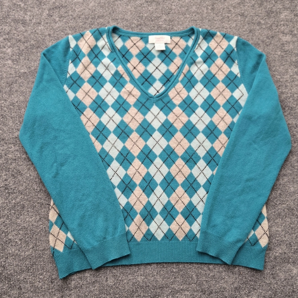 Vintage‎ Marshall Field's Cashmere Argyle V-Neck Sweater PL